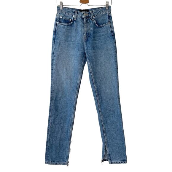 Jeu Illimité Medium Blue Slit Hem Straight Leg Button Fly Jeans - 25 - Picture 1 of 10